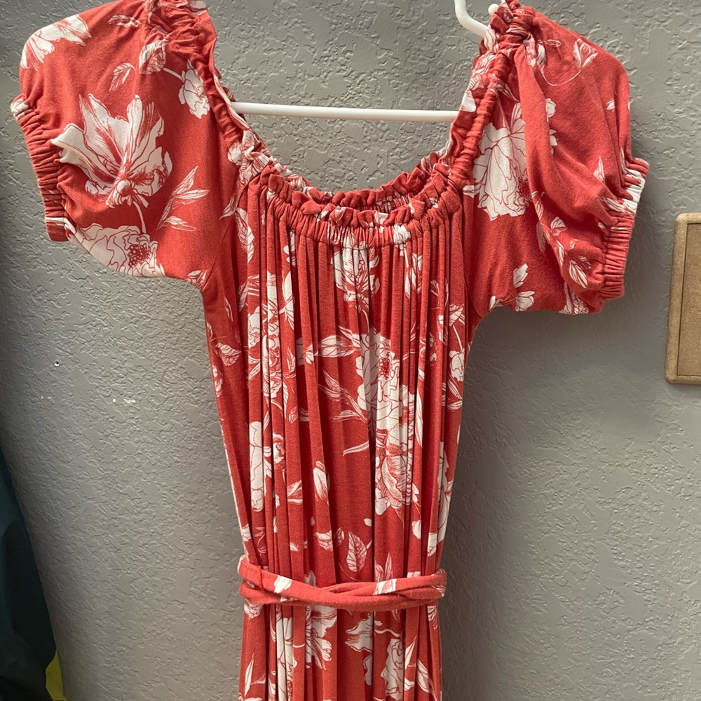 Floral Red /Rust Dress with Puff Sleeves